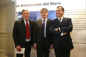 Trieste, 4-5 February - Italian Minister of  Foreighn Affaires Frattini with Vice President of the European Commission, Antonio Tajani, and Governor of the Autonomous Region of Friuli Venezia Giulia, Renzo Tondo, durino the conference "Mediterranean Mobility"